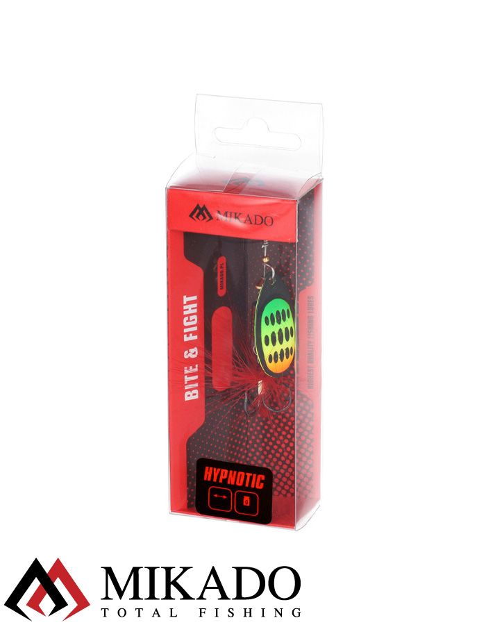 Блесна вращающаяся Mikado HYPNOTIC №5, 13.4 г., FIRETIGER, с красной кисточкой, тройник BKK