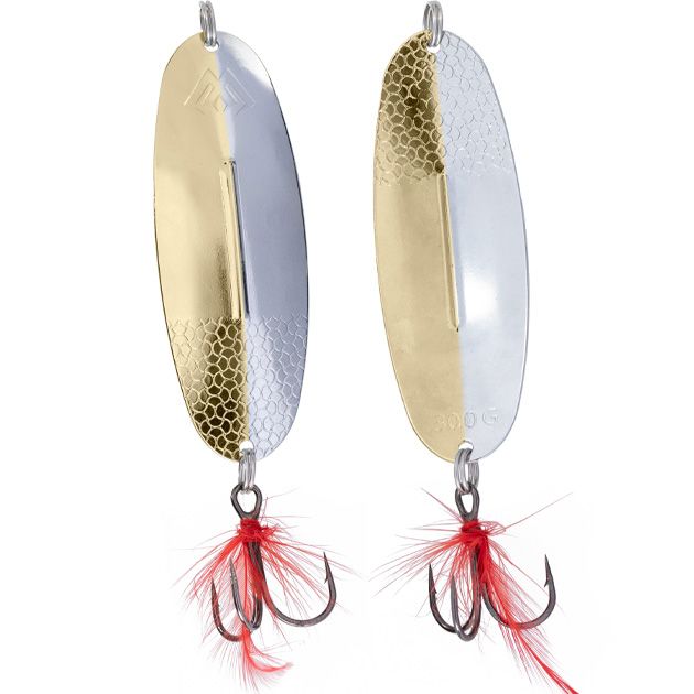 Блесна колеблющаяся Mikado SHALLOW MONSTER 51 г., 13 см., SILVER and GOLD, с красной мушкой