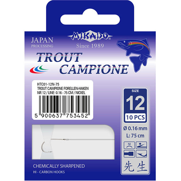 Крючки с поводками Mikado TROUT CAMPIONE № 6 NI / 0.22 мм. / 150 см. ( 10 шт.)