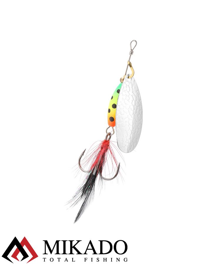 Блесна вращающаяся с кисточкой Mikado M-GRUB № 4, 13 г., SILVER/FIRETIGER
