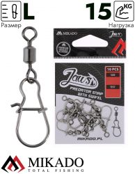 Вертлюг роликовый Mikado JAWS с застежкой, №L, 15кг., никель (10шт.)