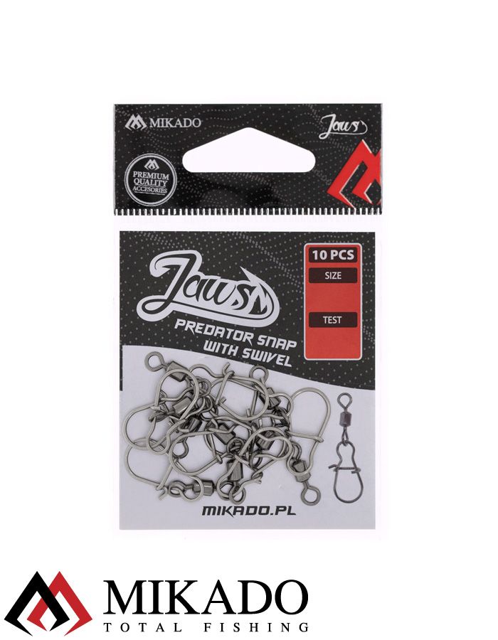 Вертлюг роликовый Mikado JAWS с застежкой, №L, 15кг., никель (10шт.)