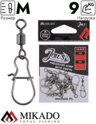 Вертлюг роликовый Mikado JAWS с застежкой, №M, 9кг., никель (10шт.)