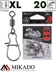 Вертлюг роликовый Mikado JAWS с застежкой, №XL, 20кг., никель (10шт.)