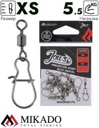 Вертлюг роликовый Mikado JAWS с застежкой, №XS, 5.5кг., никель (10шт.)