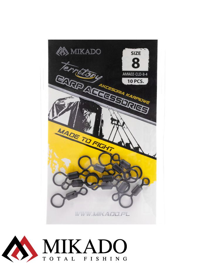 Роликовый вертлюг с большим ушком Mikado № 8 тест до 28 кг. чёрный никель упак. = 10 шт.