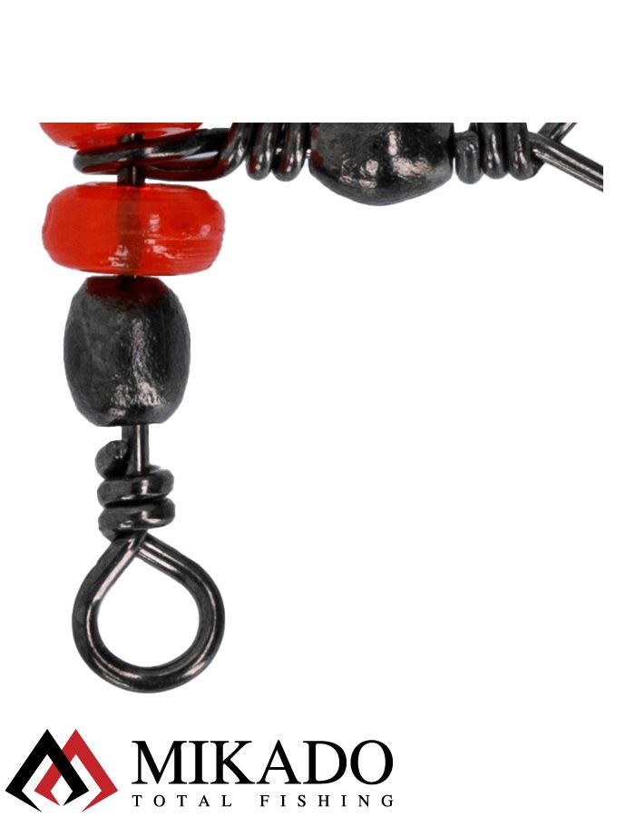 Вертлюжок тройной бочонок Mikado BN с красными бусинами № 10*12 тест 16 кг. (5 шт.)