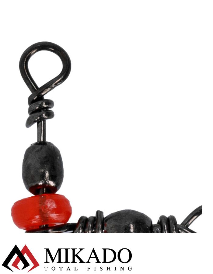 Вертлюжок тройной бочонок Mikado BN с красными бусинами № 14*16 тест 12 кг. (5 шт.)